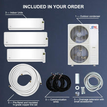 Three 3 Zone 9,000 12,000 30,000 BTU Ductless Mini Split AC/Heating System, Pre-Charged, Heat Pump, 21.5 SEER, Including 25ft Copper Line Set and Communication Wires