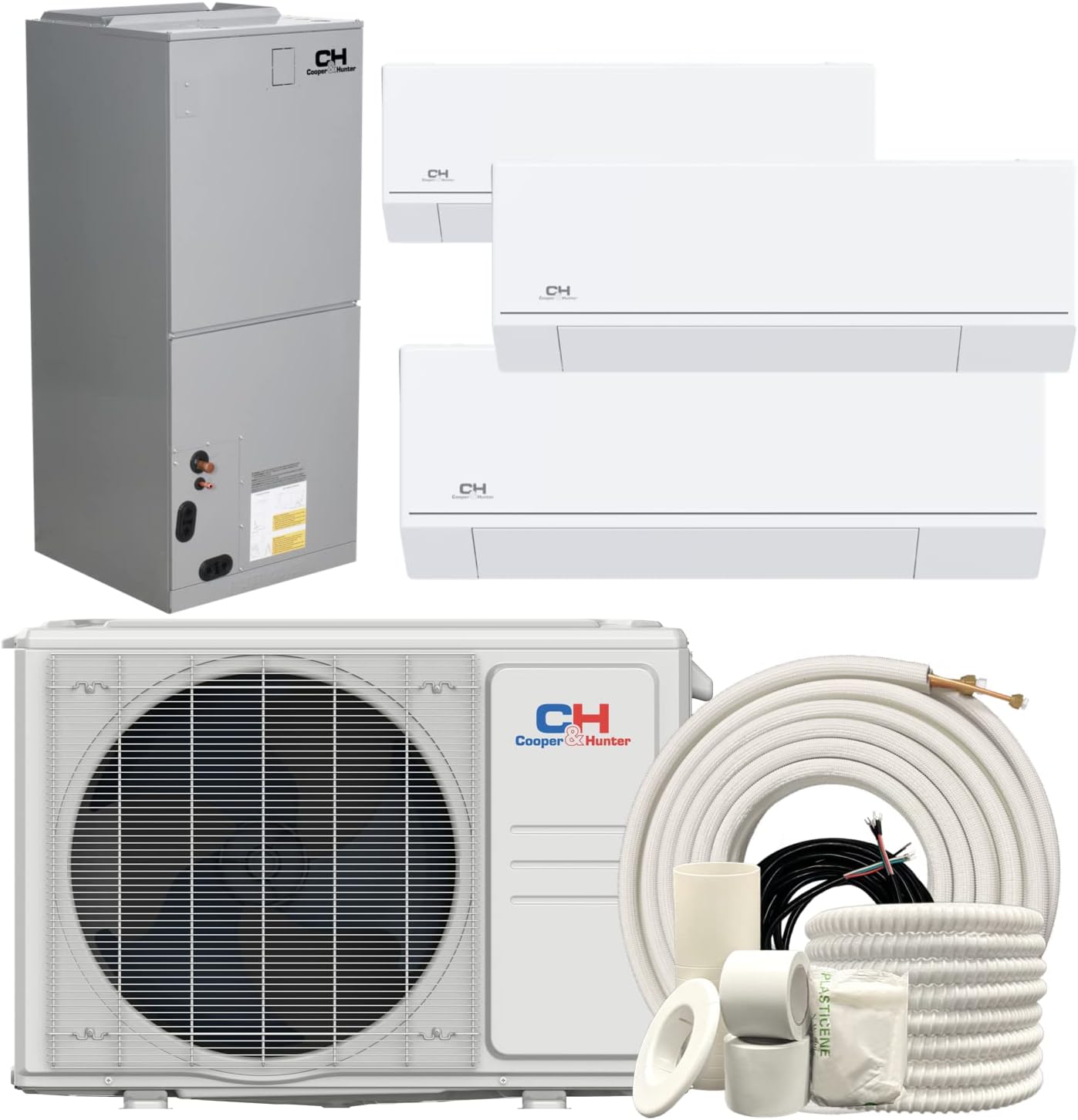 Cooper & Hunter Astoria Series 48,000 BTU Four (4) Zone with 6000, 6000, 12000 BTU Wall Mount and 24000 BTU Multi Position Air Handler Ductless Mini Split A/C and Heater with Installation Kits