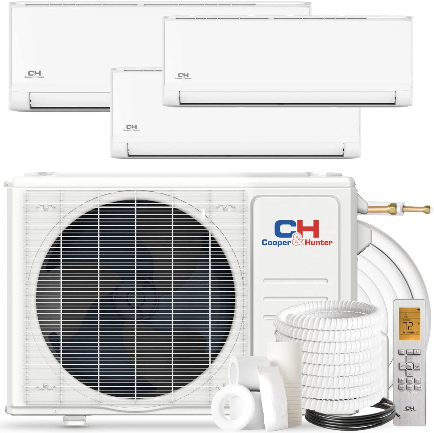Cooper & Hunter OLIVIA Series Tri 3 Zone 6000 6000 18000 BTU 23.8 SEER Multi Zone Ductless Mini Split Air Conditioner and Heater Full Set with 25ft Installation Kits