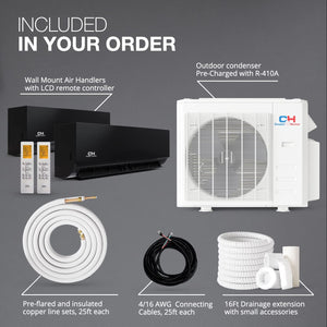 Cooper & Hunter 18,000 BTU Olivia Series, Midnight Edition, Dual Zone Compressor with 9000 + 12000 BTU Wall Mount Air Handlers Ductless Mini Split A/C and Heater Including Installation Kits
