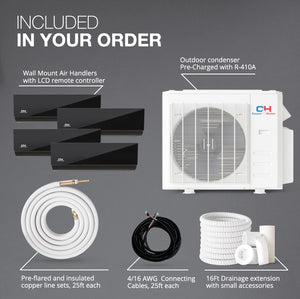 Cooper & Hunter 36,000 BTU Olivia Series, Midnight Edition, Four Zone 9000 + 9000 + 9000 + 18000 BTU Wall Mount Air Handlers Ductless Mini Split A/C and Heater Including Installation Kits