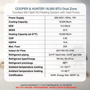 Cooper & Hunter 18,000 BTU Dual 2 Zone 12,000 + 12,000 BTU Wall Mount Ductless Mini Split AC/Heating System, Pre-Charged, 22.5 SEER, Including 25FT Copper Line Set and Communication Wires