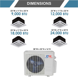 COOPER AND HUNTER Dual 2 Zone Ductless Mini Split Air Conditioner Ceiling Cassette Heat Pump 9000 18000