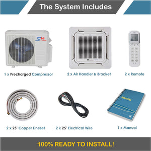 Dual 2 Zone Ductless Mini Split Ceiling Cassette Air Conditioner Heat Pump 9000 18000