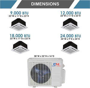 COOPER AND HUNTER Tri 3 Zone Ductless Mini Split Air Conditioner Ceiling Cassette Heat Pump 9000 12000 18000