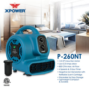 XPOWER P-260NT Freshen Aire 1/5 HP 800 CFM 4 Speed Scented Mini Mighty Air Mover, Utility Fan, Dryer, Blower with Ionizer and Timer