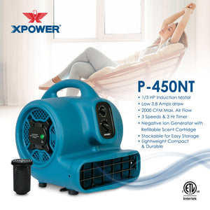 XPOWER P-450NT Freshen Aire 1/3 HP 2000 CFM 3 Speed Scented Air Mover, Carpet Dryer, Floor Fan, Blower with Ionizer and Timer