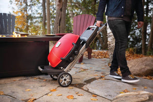 Napoleon TravelQ 285X Portable Propane Gas Grill and Scissor Cart with Griddle, Red