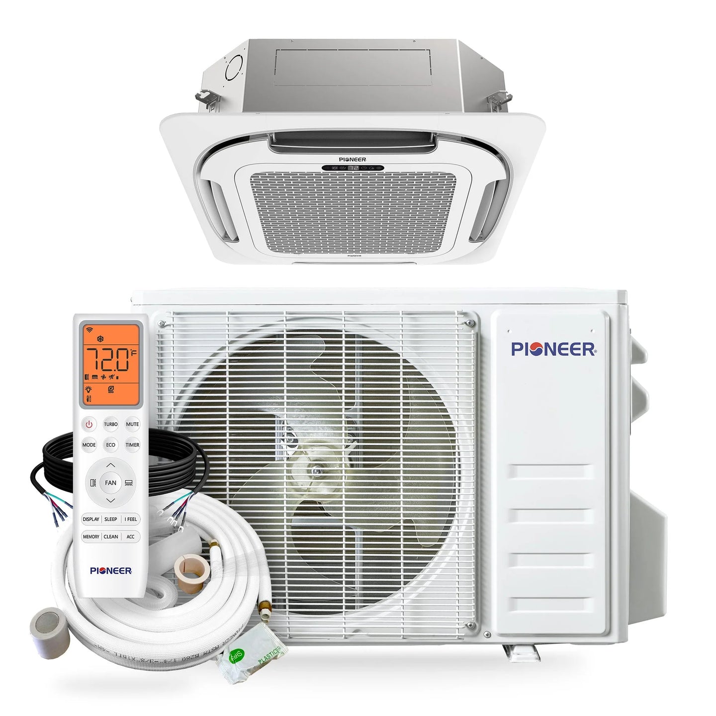 Pioneer Quantum Ultra 18,000 BTU 20.5 SEER2 230V Ceiling Cassette Ductless Mini-Split Air Conditioner Inverter Heat Pump with 16 Ft. Kit