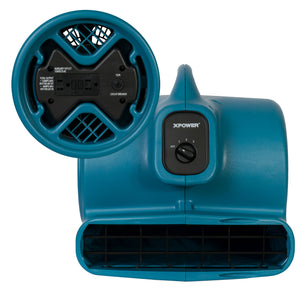 XPOWER X-600A 1/3 HP 2400 CFM 3 Speed Air Mover, Carpet Dryer, Floor Fan, Blower with Built-in GFCI Power Outlets - Blue