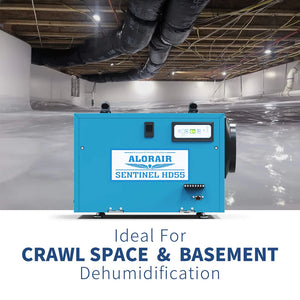 ALORAIR SENTINEL HD55-BLUE COMMERCIAL DEHUMIDIFIER 113 PINT, WITH DRAIN HOSE FOR CRAWL SPACES, BASEMENTS, INDUSTRY WATER DAMAGE UNIT, COMPACT, PORTABLE, AUTO DEFROST, MEMORY STARTING