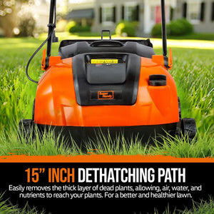SuperHandy 2 in 1 Walk Behind Scarifier, Lawn Dethatcher Raker Corded Electric 120V 12-Amp 15-Inch Rake Path with Collection Bag for Yard, Lawn, Garden Care, Landscaping