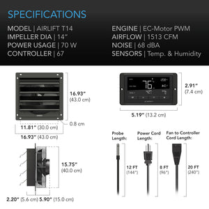 AC Infinity AIRLIFT T14, Shutter Exhaust Ventilation Fan 14", Temperature and Humidity Controller