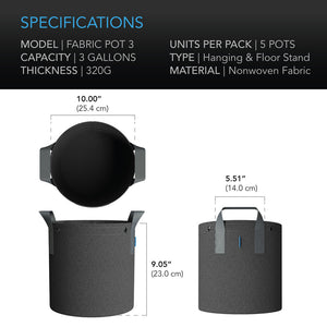 AC Infinity Heavy Duty Fabric Pots, 3 Gallon, 5-Pack