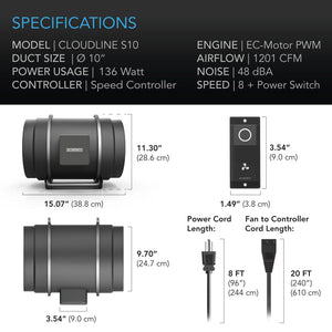 AC Infinity CLOUDLINE S10, Quiet Inline Duct Fan System with Speed Controller, 10-Inch