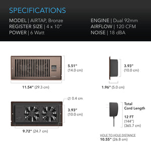 AC Infinity AIRTAP T4, Quiet Register Booster Fan System, Brown Bronze, for 4" x 10" Registers