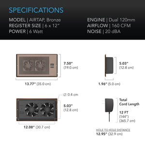 AC Infinity AIRTAP T6, Quiet Register Booster Fan System, Bronze, for 6" x 12" Registers