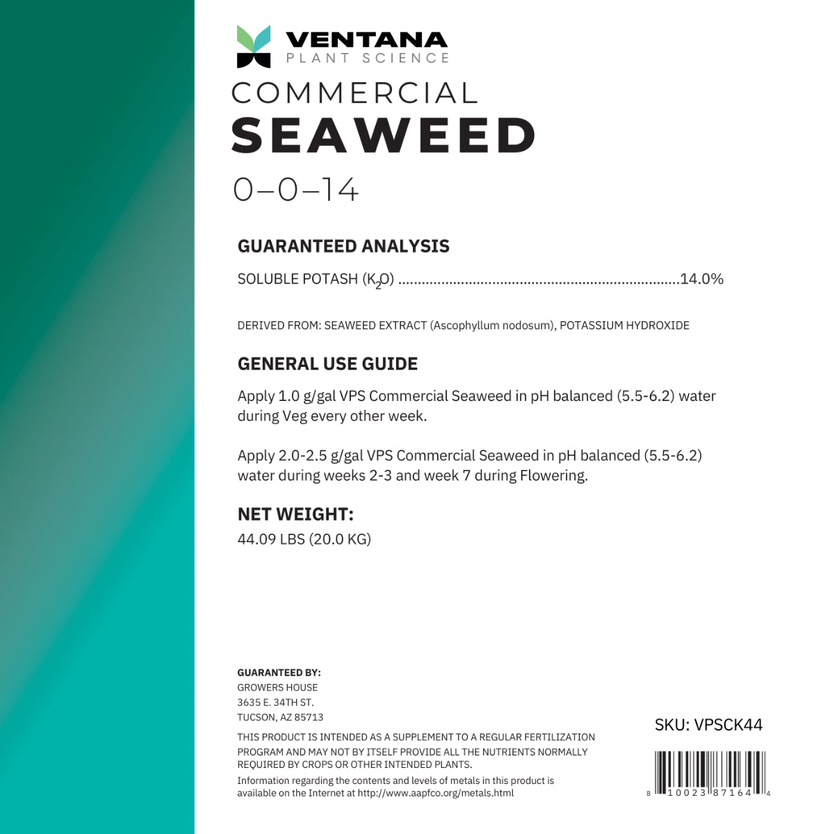 Ventana Plant Science - Commercial Seaweed - 44 lbs